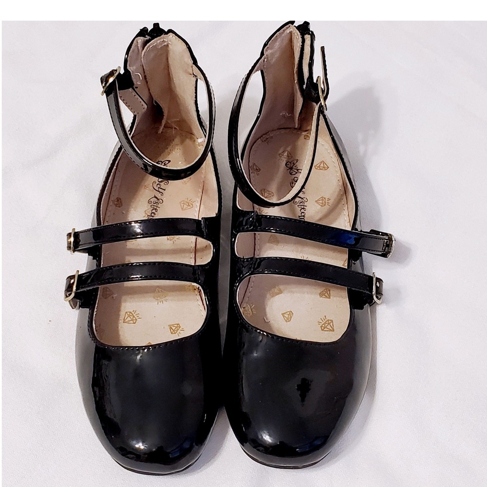 Self Esteem Girls Black Patent Mary Jane Flats Triple‎ Strap Dress Shoes Size 3